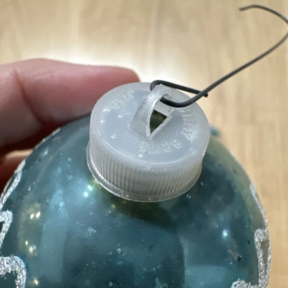 3 Vintage Shiny Brite Blue Silver Glitter Glass Christmas Ornaments MCM